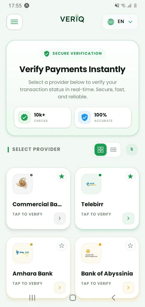 Veriq payment verification app on Android showing Telebirr, CBE, CBE Birr, and Ethiopian bank providers